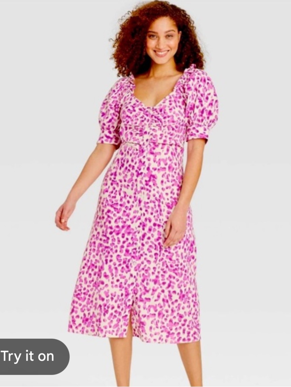 Who What Wear Pink Animal-Print Puff-Sleeve Midi Dress linen blend